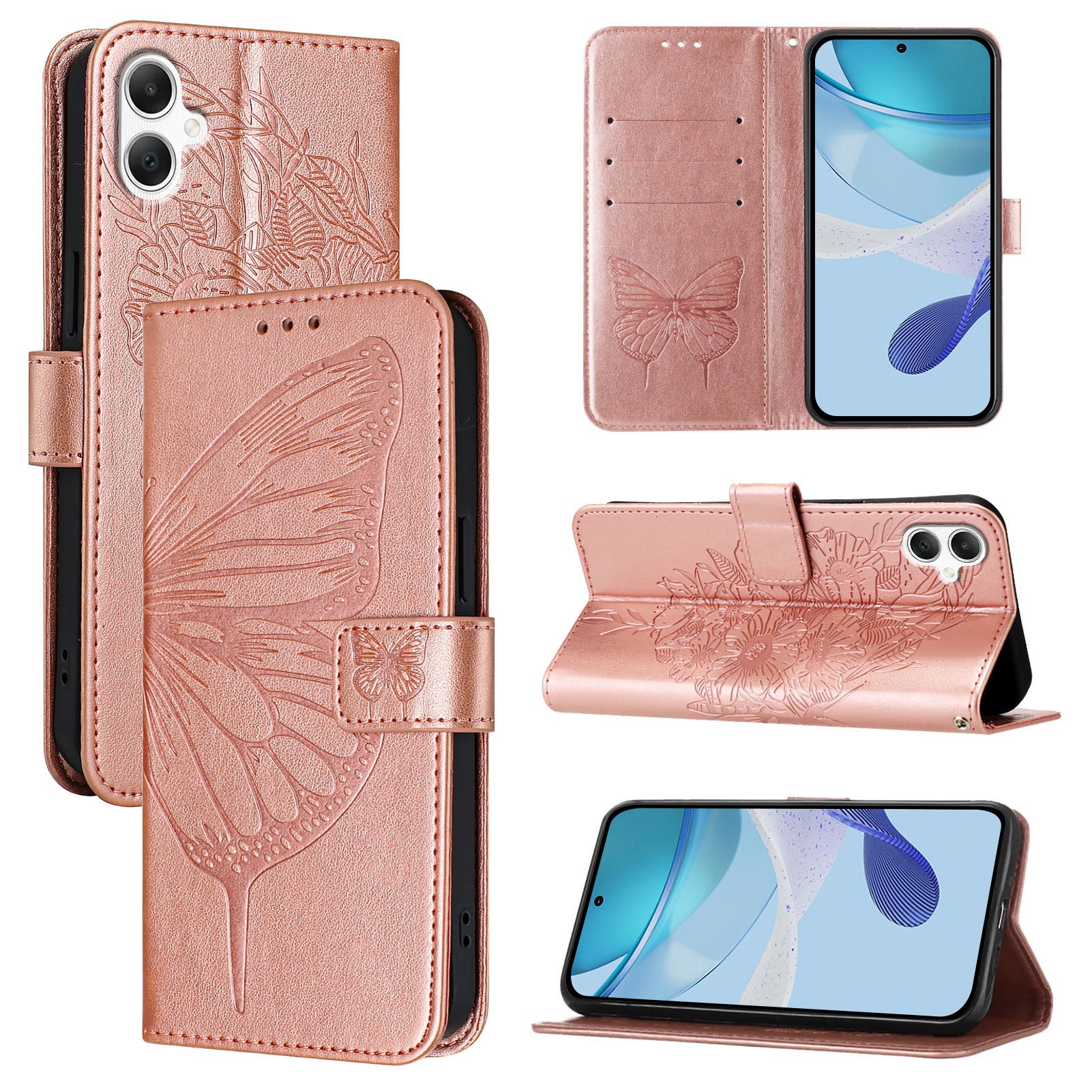 For Samsung Galaxy A06 Case YB Imprinting Series-4 Butterfly Flower Flip Wallet Leather Phone Cover - Rose Gold For Samsung Galaxy A06 Case YB Imprinting Series-4 Butterfly Flower Flip Wallet Leather Phone Cover - Rose Gold